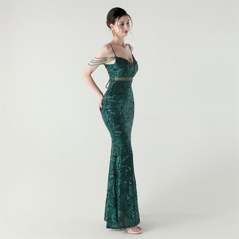 Graceful Sequin Embellished Mesh Mermaid Maxi Dress